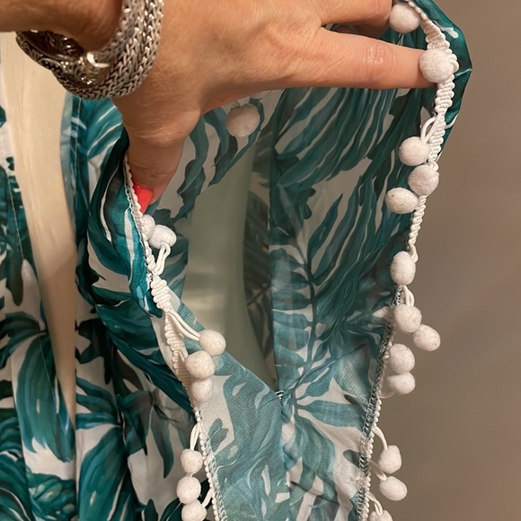 Tropical leaf / Pom Pom beach coverup ONE SIZE loose sleeves open front O/S - Picture 3 of 10